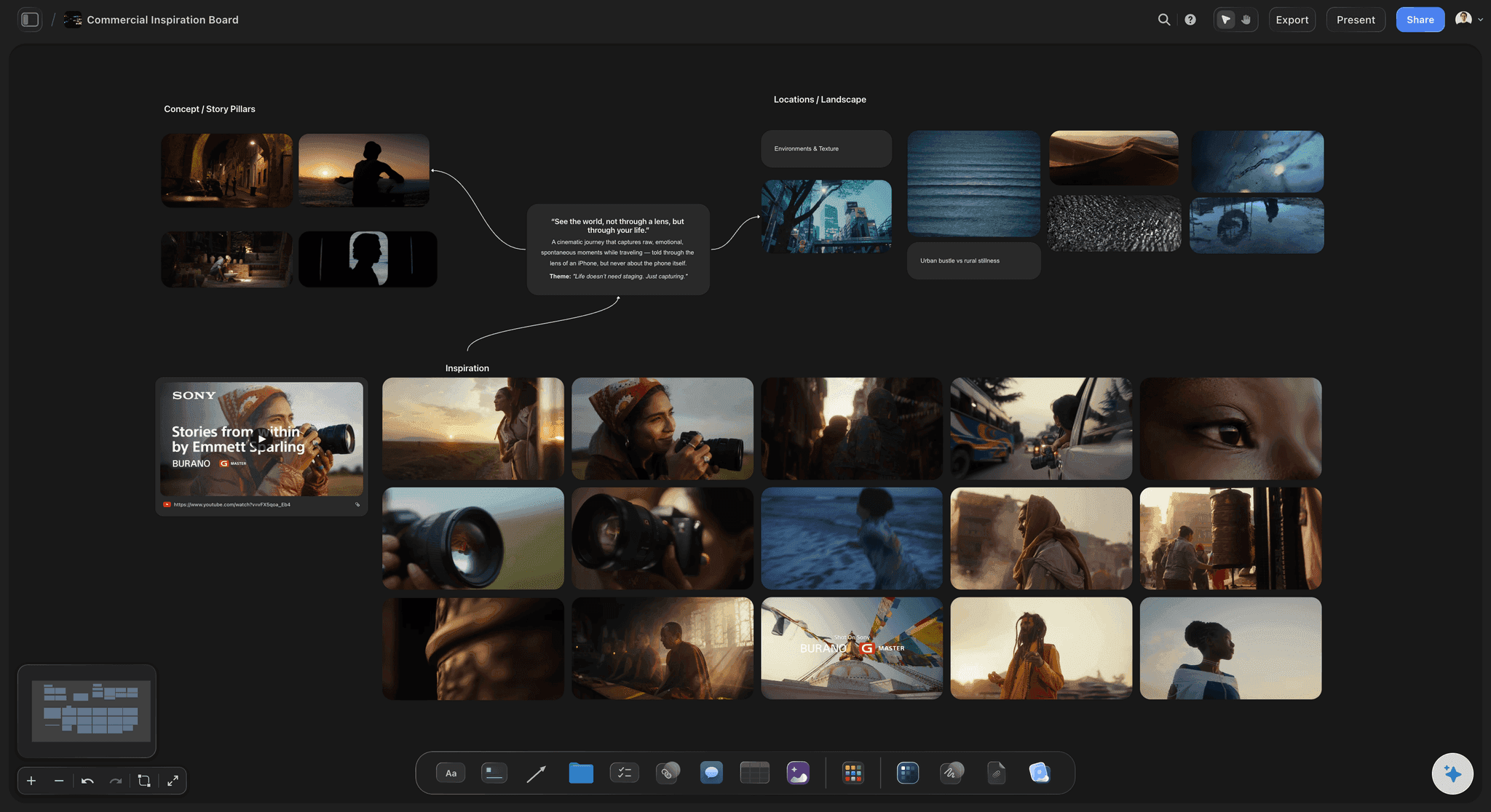 A film moodboard structured by scene, palette, and texture